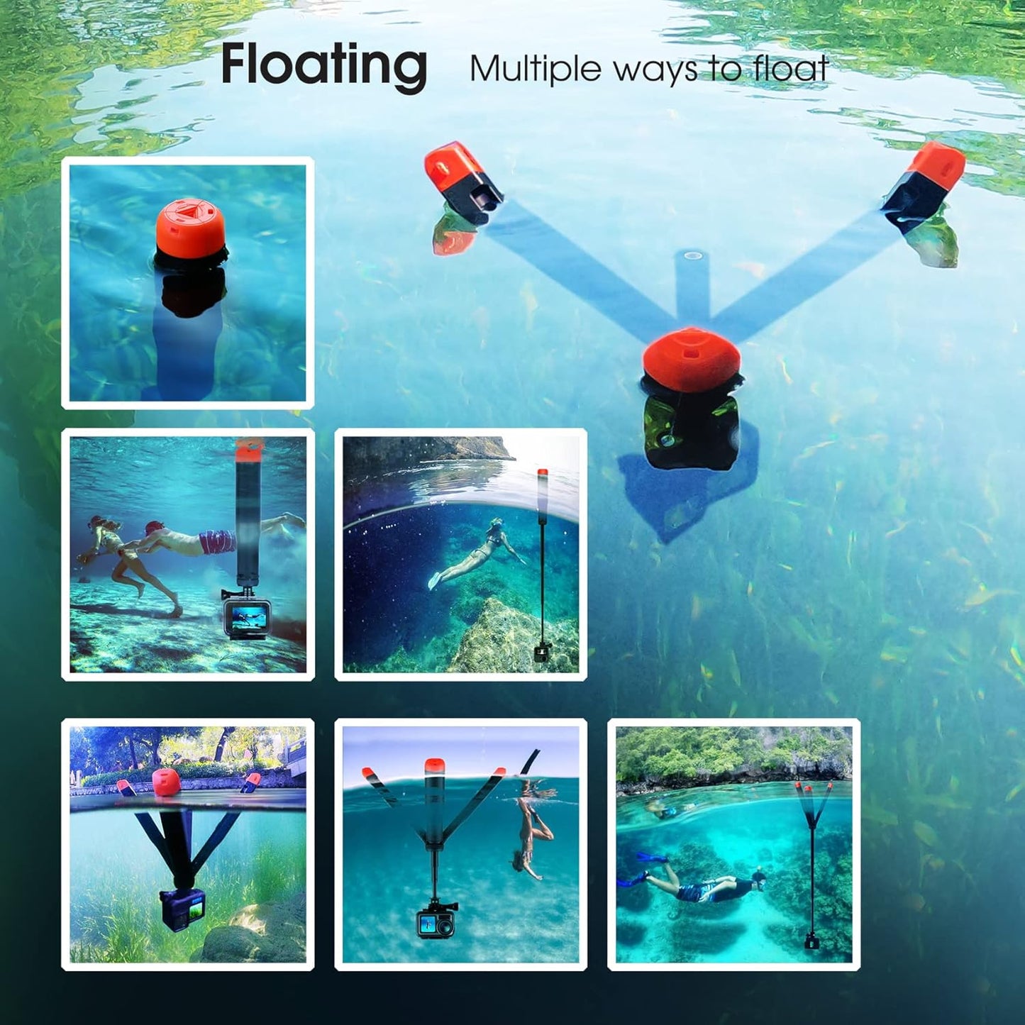 SOONSUN 4in1 Floating Selfie Stick Tripod for GoPro Hero 13 12 11 10 9 8 7 6 5 4 3, Max, AKASO, Osmo Action 3/4/5 Pro Camera - As Waterproof Extension Monopod Pole Floating Handle Grip Tripod Stand