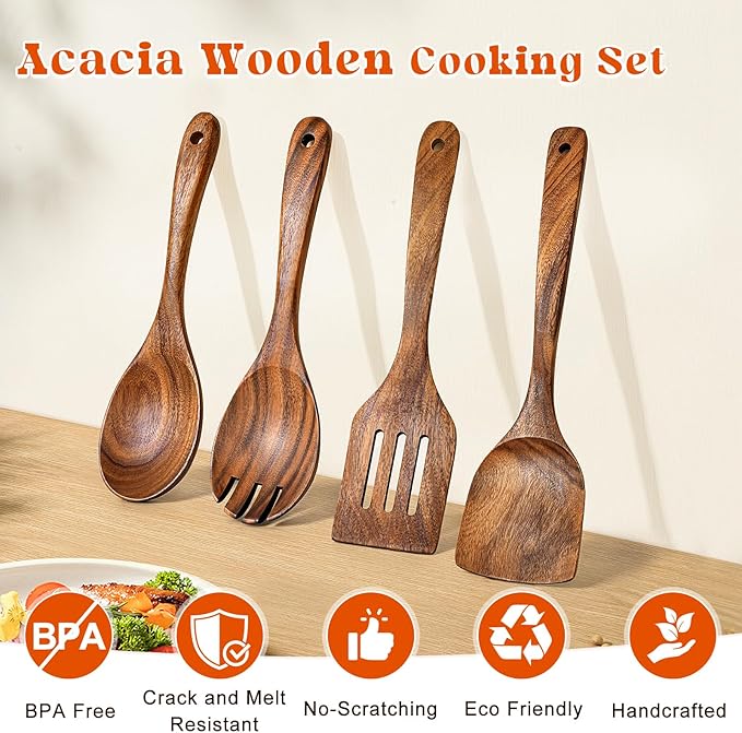 4Pcs Wooden Spoons for Cooking, Acacia Wood Kitchen Utensils Set for Nonstick - Image 2