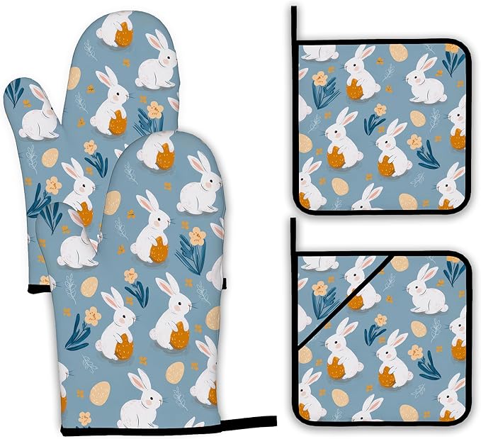 Easter Oven Mitts and Pot Holders Set, Cute Rabbit Kitchen Decor Heat Resistant by Unknown