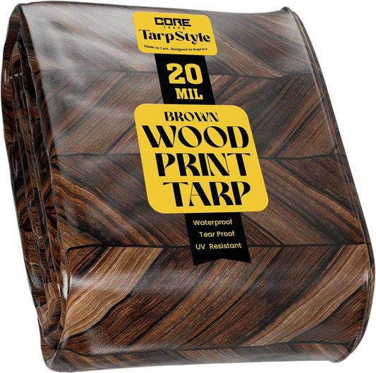 Core Tarps Extreme Heavy Duty 20 Mil Tarp Cover, Waterproof, UV Resistant, Rip and Tear Proof, Poly Tarpaulin with Reinforced Edges for Roof, Camping, Patio, Pool, Boat (Brown Wood/Black 10′ X 20′)