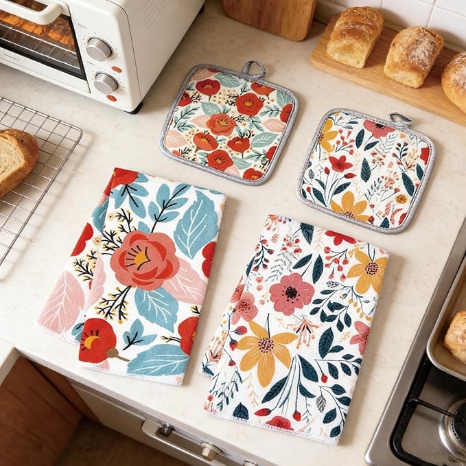 6 Pcs Kitchen Stuff, Wild Floral Kitchen Oven Mitts, Pot Holders Sets - Image 5