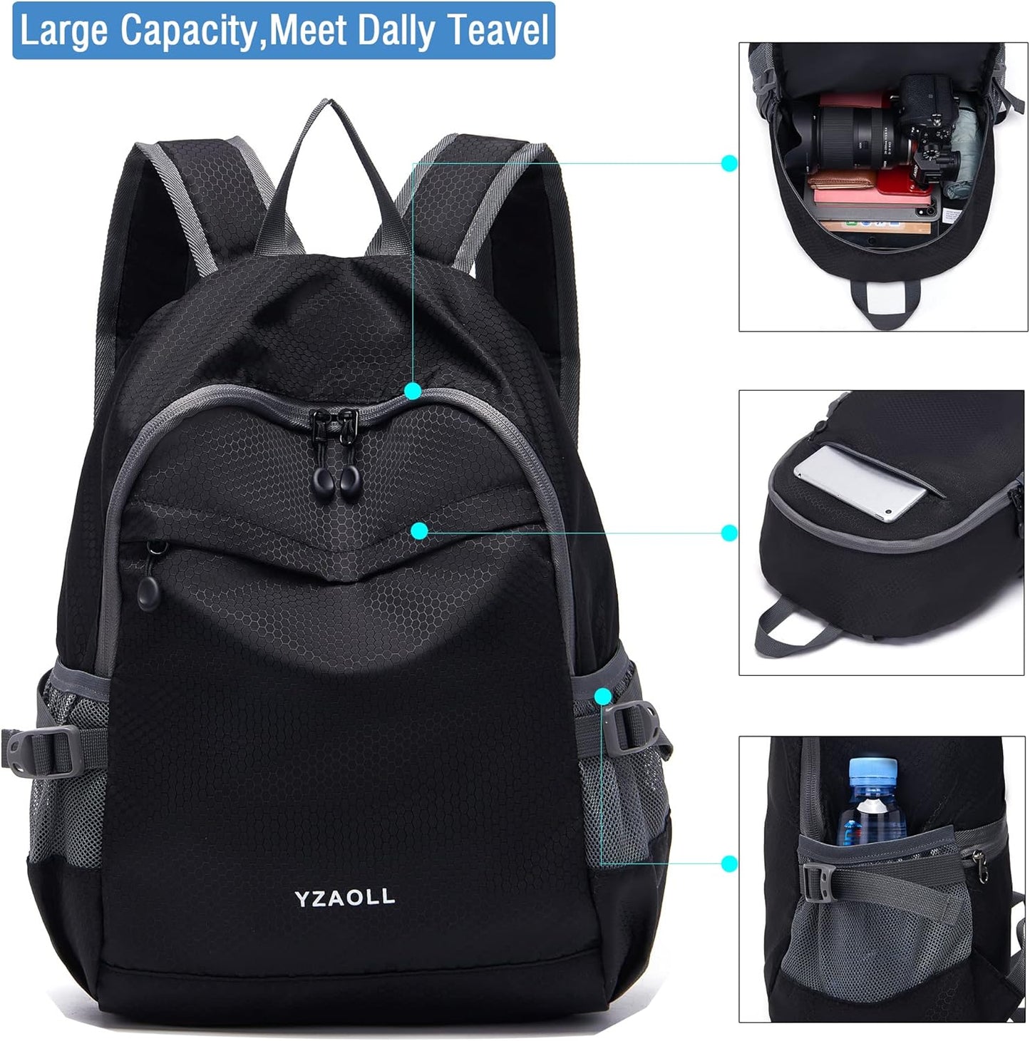 YZAOLL Small Lightweight Packable Hiking Backpack, 20L Hiking Backpack Day Pack for Women Men Travel Camping Vacation,Black