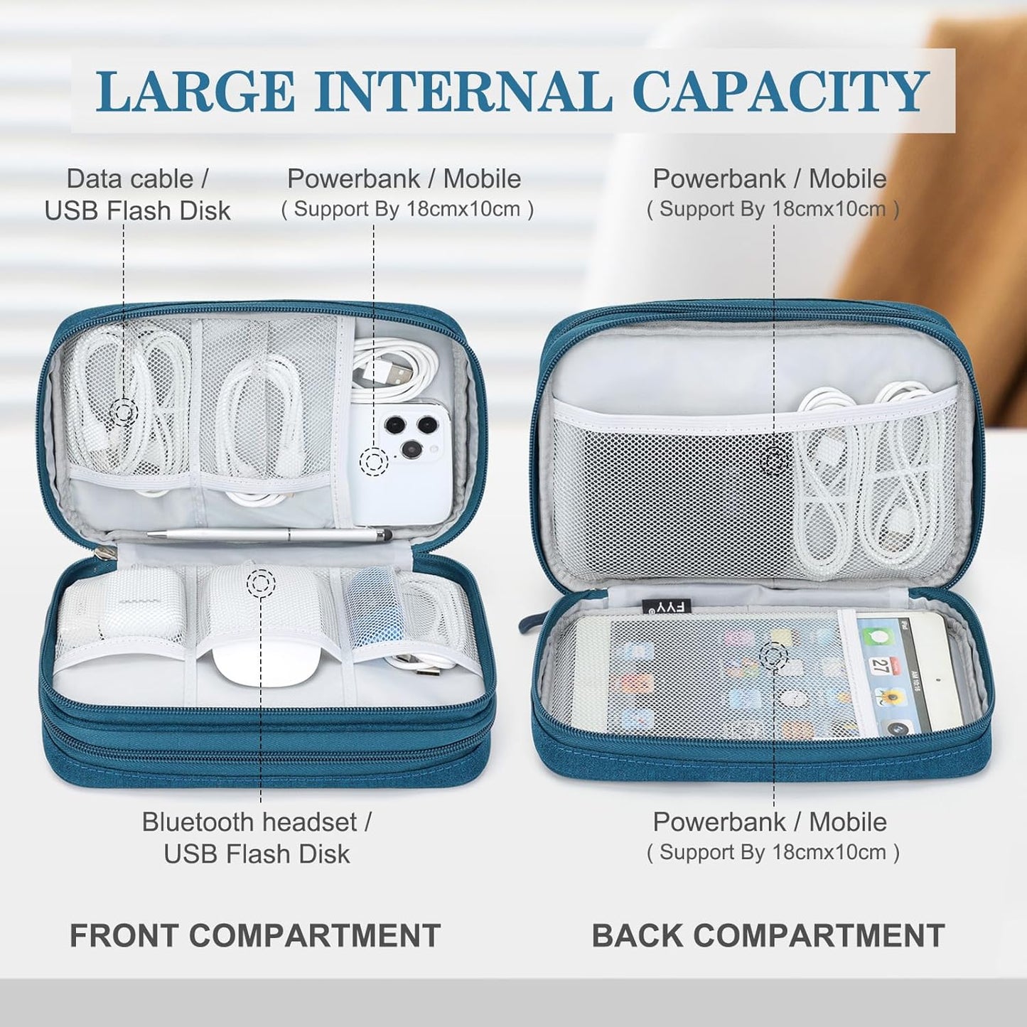 FYY Electronic Organizer, Large Travel Cable Organizer Bag Pouch Electronic Accessories Carry Case Portable Waterproof Double Layers All-in-One Storage Bag for Cable, Cord, Charger, Phone, Dark Green