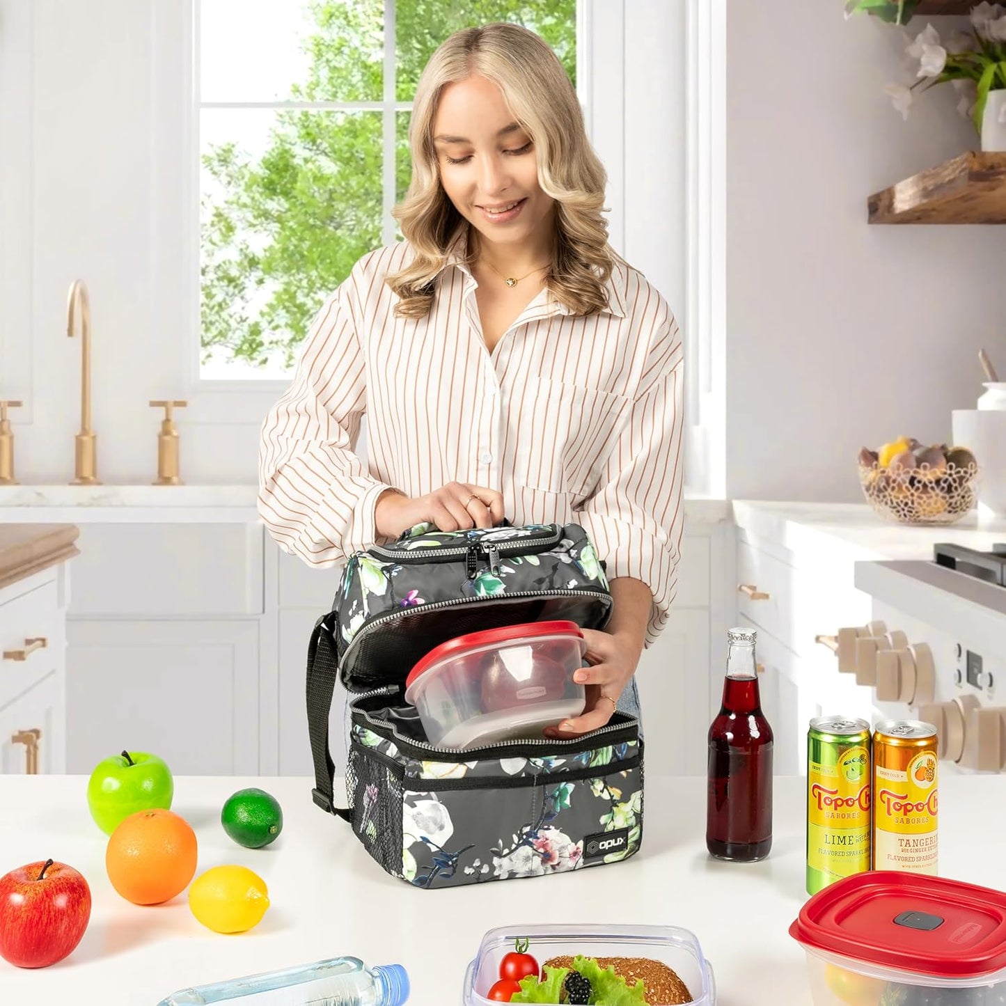 OPUX Lunch Box For Women, Insulated Large Lunch Bag Adult Work, Double Decker Lunchbox Meal Prep, Dual Compartment Leakproof Lunch Cooler, Lunch Pail Tote for Girls Kids School, Floral Gray 16 Cans