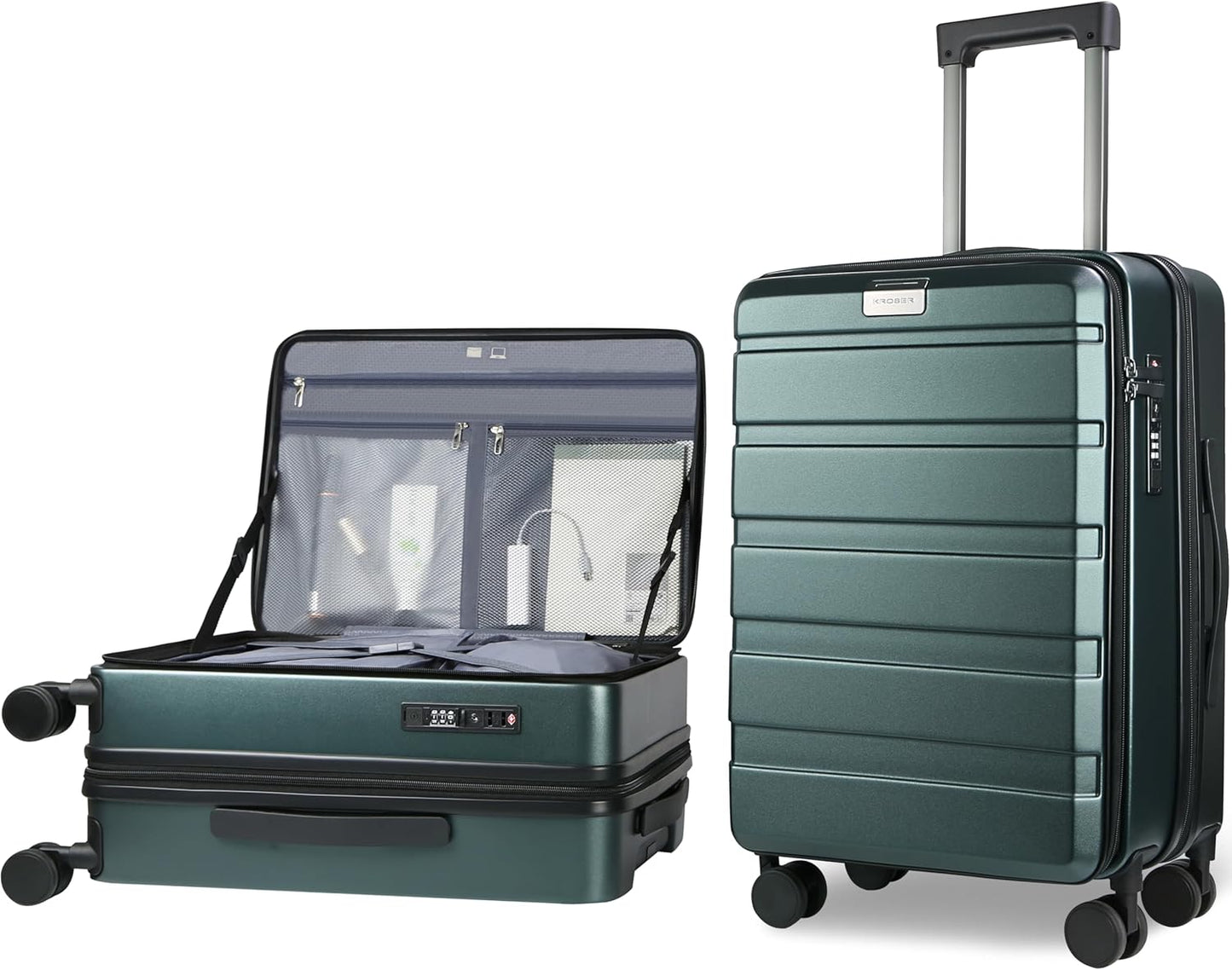 KROSER Carry On Luggage with Spinner Wheels & Built-in TSA Lock, Expandable Top Loading Hard Shell Suitcase Large Capacity Durable Rolling Luggage with USB Port, Carry-On 20-Inch, Dark Green