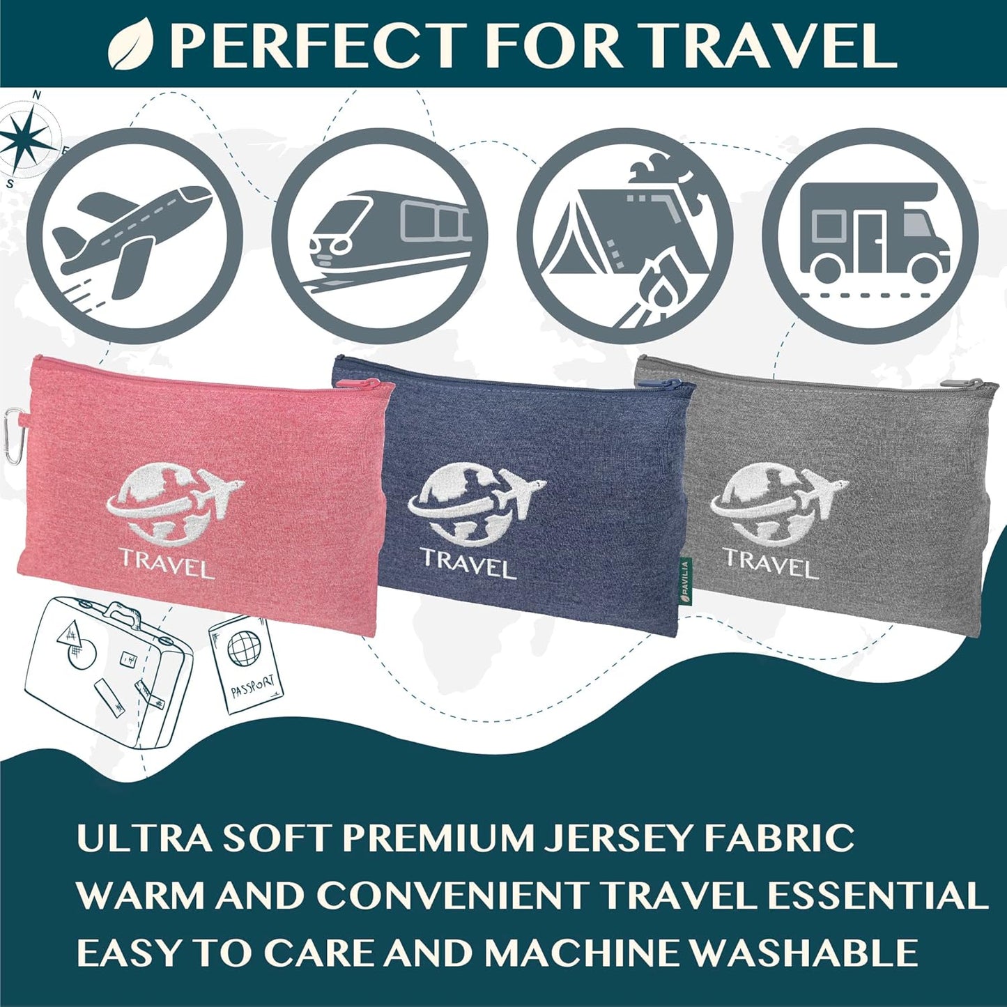 PAVILIA Soft Travel Blanket, Compact Airplane Blanket in Bag, Portable Blanket Pillow Set, Lightweight and Packable Plane Flight Car Trips Travel Home Office Gift Accessories, Gray, 65x40 inches