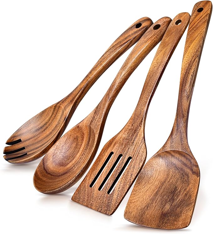 4Pcs Wooden Spoons for Cooking, Acacia Wood Kitchen Utensils Set for Nonstick by Unknown