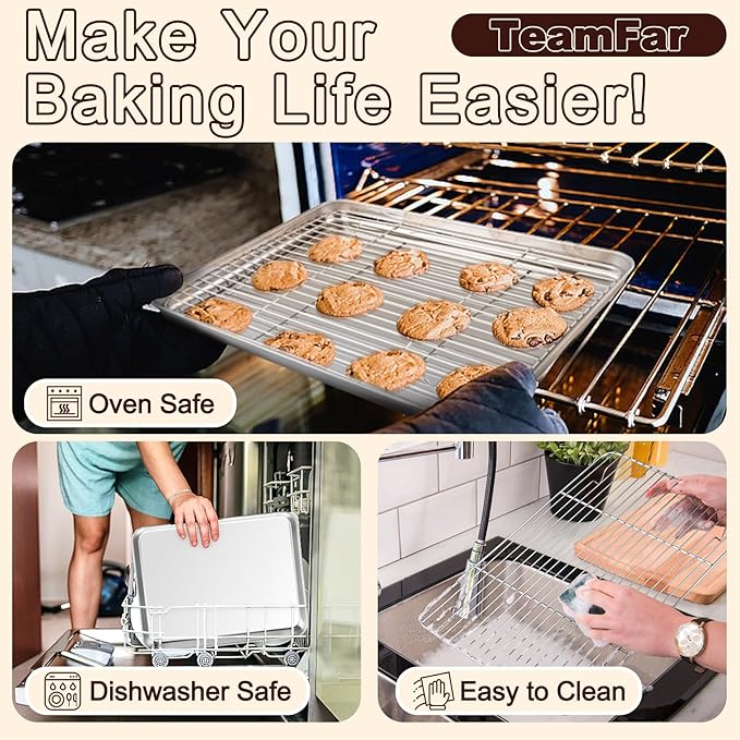 TeamFar Baking Sheet with Rack Set, 17.6/12.5/10.5 Inch Stainless Steel Cookie - Image 5
