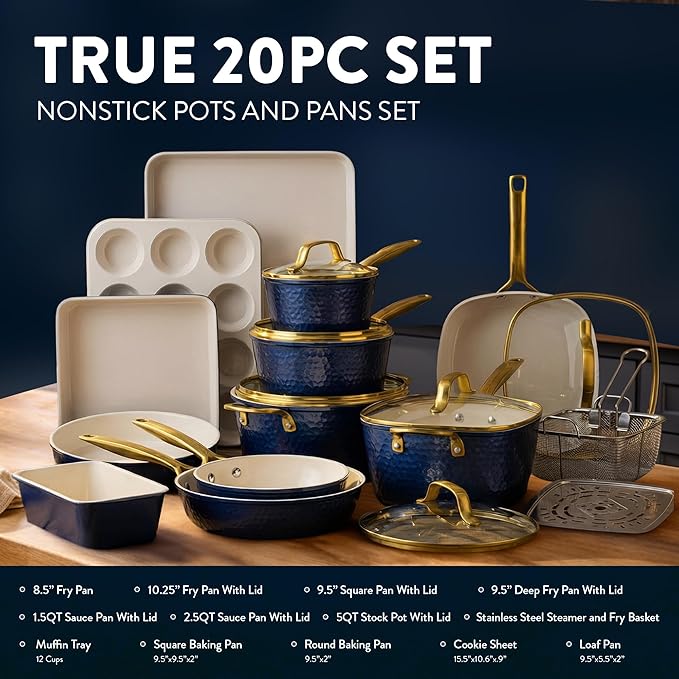 Gotham Steel Hammered 20Pcs Ceramic Cookware Set, Induction Pots and Pans Set - Image 2