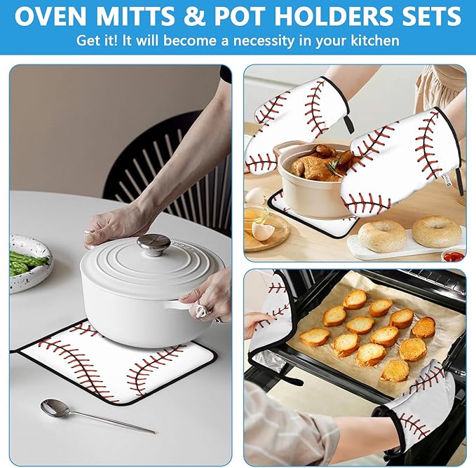 Baseball Oven Mitts and Pot Holders Sets Heat Resistant 4Pcs Potholders Oven - Image 6