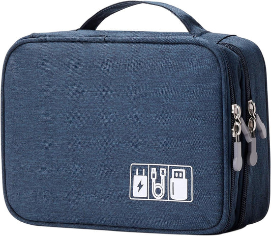 Lanola Travel Cable Organizer Bag, Electronic Accessories Case Portable Double Layer Cable Storage Bag for Cord,phone,Charger, Flash Drive, Phone, SD Card,Personal Items - (Dark Blue)