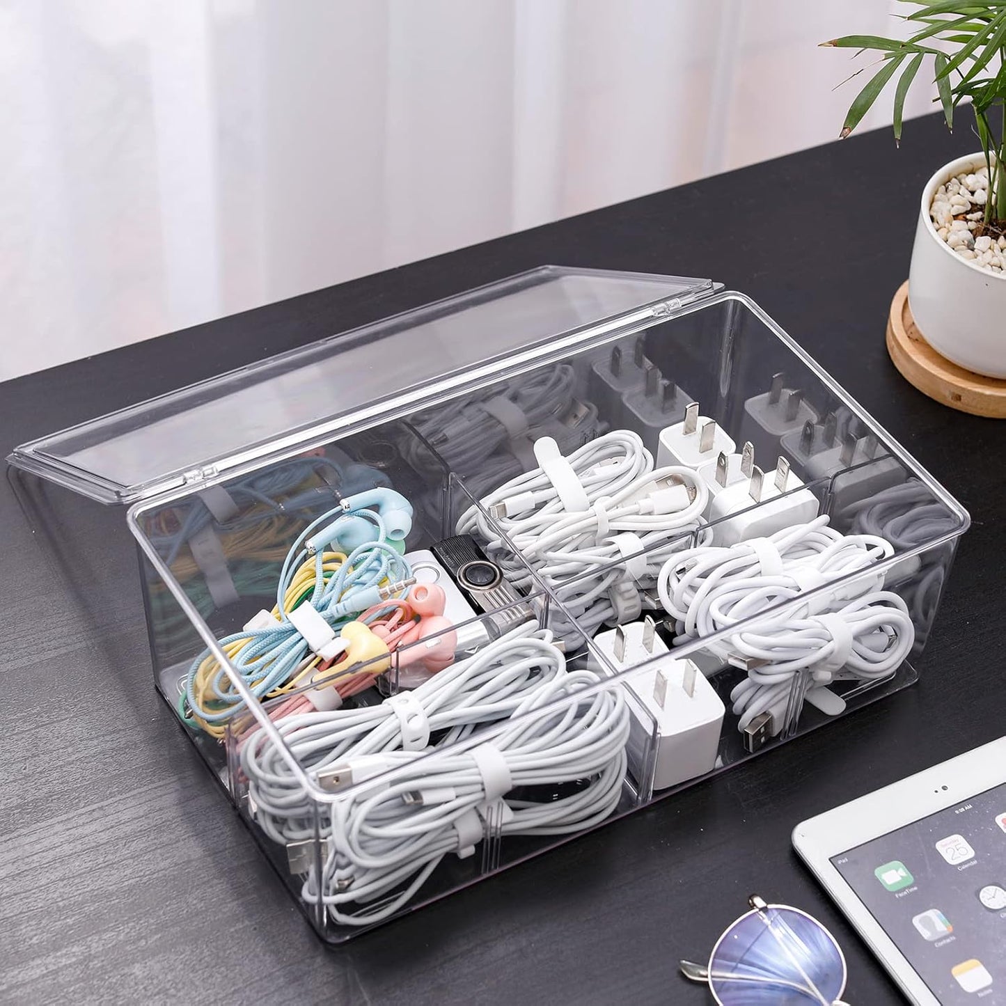 Yesesion Clear Plastic Cord Organizer Box with Adjustment Compartments, Large Cable Management Case with Lid and 10 Wire Ties for Desk Drawer, Home Office, Art Supply, Electronic Accessories (1 PACK)