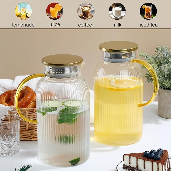 2 PACK Glass Pitcher with Lid, 68oz/2Liter Borosilicate Glass Water Pitcher - Image 3