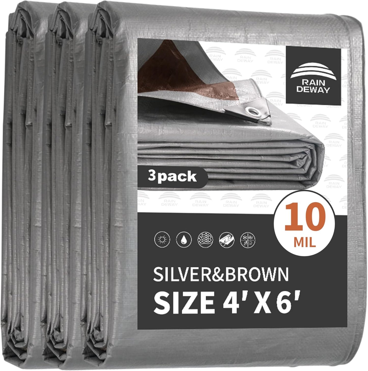 Small Tarps Heavy Duty Waterproof 4x6 Feet (3 Pack), 10Mil Multipurpose Poly Tarp Cover with Metal Grommets and Reinforced Edges, Silver/Brown Tarp by RAINDEWAY