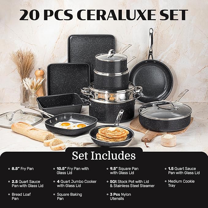 Granitestone Ceraluxe 20 Pc Ceramic Cookware Set Nonstick, Complete Pots and - Image 2