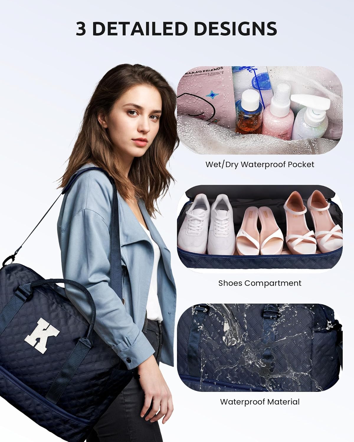 Initial Duffle with Shoe Compartment, Personalized Weekender Bag with Shoulder Strap, Overnight Travel Bag with Makeup Pouch for Women (Letter E)