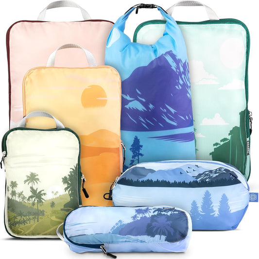 Large Compression Packing Cubes for Travel-Packing Cube Luggage Organizers 7 Piece Set for Checked Luggage-Ultralight, Expandable/Compression Bags by TRIPPED Travel Gear (Landscape)