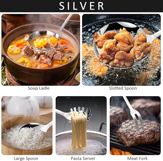 304 Stainless Steel Cooking Utensils Set, Solid Spoon, Skimmer Spoon, Spaghetti - Image 6