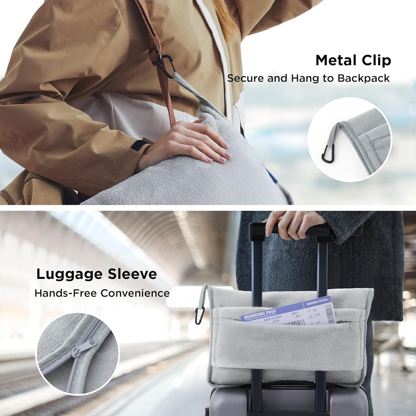 Bedsure Travel Blanket Airplane Compact with Storage Bag, Packable Blanket with Eye Mask, Lightweight 2-in-1 Travel Essentials, Functioned as Pillow for Airplane Comfort and Warmth, Grey