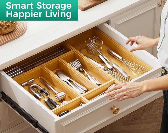 Bamboo Kitchen Drawer Organizer Set of 2, Stackable 15" x 6" Wood Silverware - Image 4