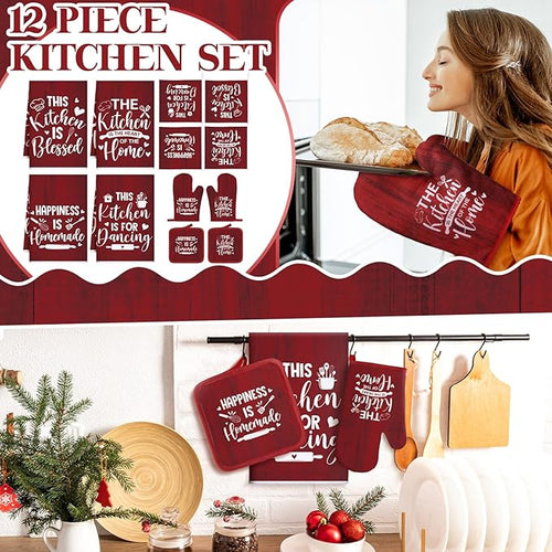 12 Pcs Farmhouse Kitchen Decor Sets 4 Red Kitchen Hand Towels 4 Dish Clothes 2 - Image 2