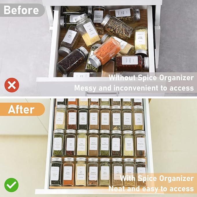 Spice Drawer Organizer with 35 Spice Jars, 216 Labels, 25 Non-slip Rubber - Image 4
