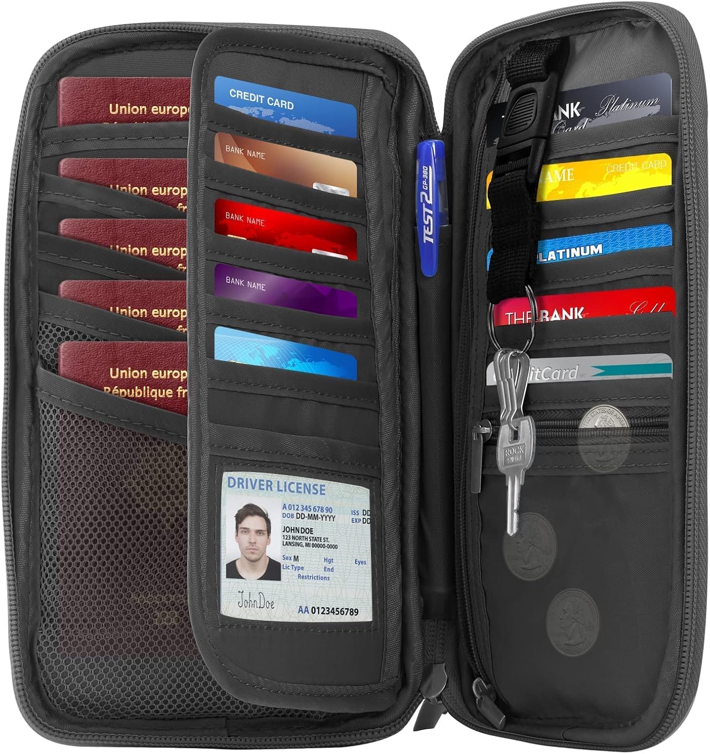 RFID Travel Passport Holder - Family Passport Wallet Holder, Lightweight Portable Travel Document Organizer Passport Card Cover with Zipper Pocket, Grey