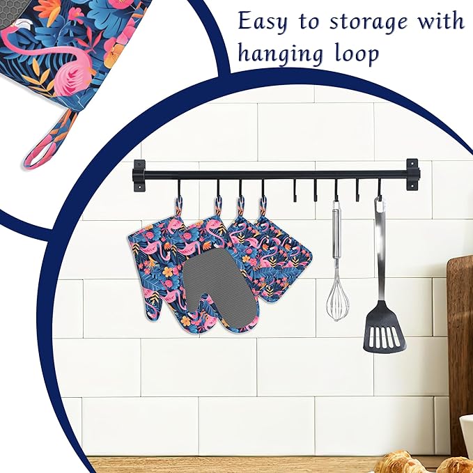 Oven Mitts and Pot Holders Sets Flamingo Tropical Flower Silicone Kitchen Mits - Image 3