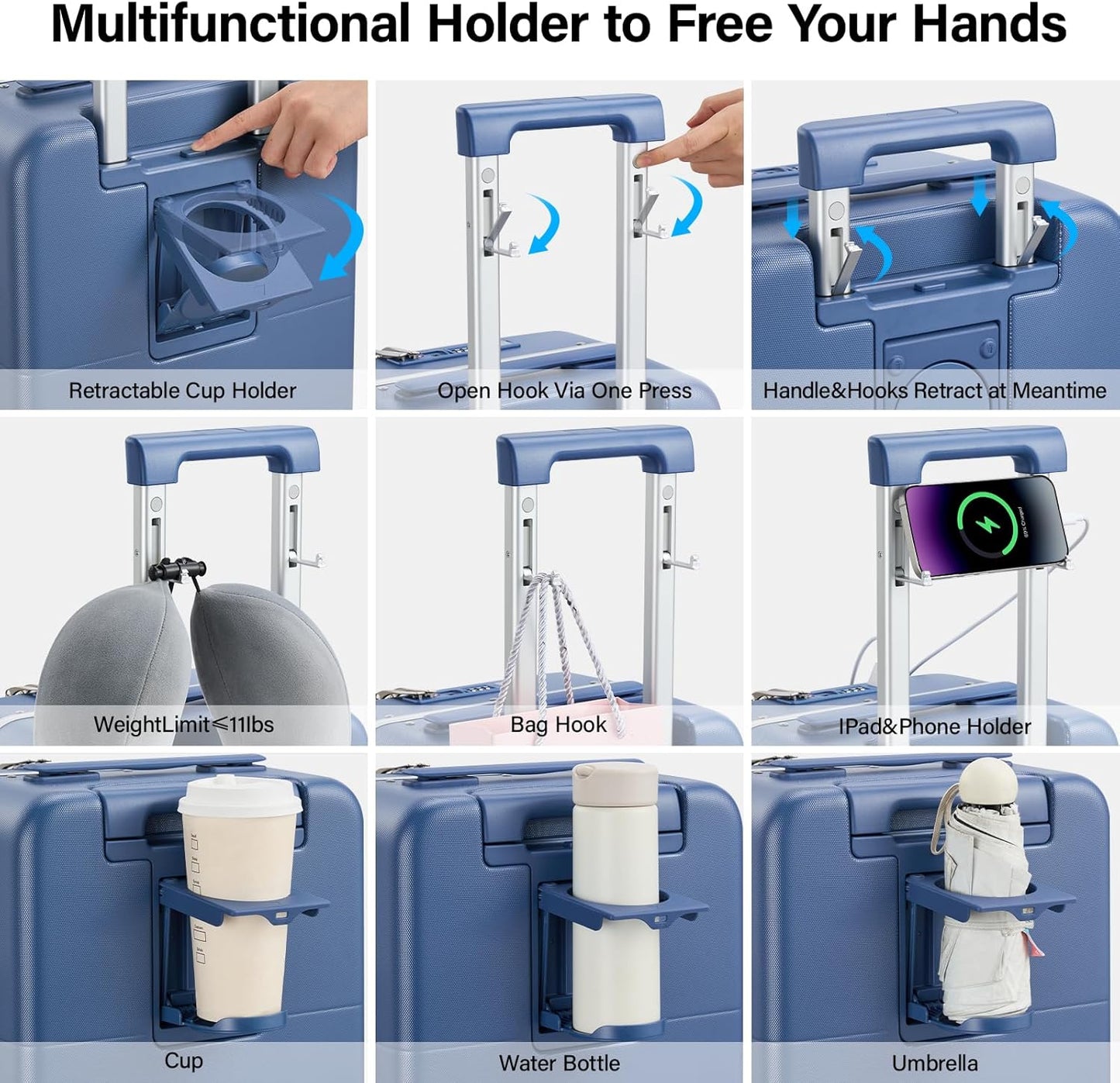 Hanke 24 Inch Luggage with Cup Holder and Charge,Top Opening Hard Shell Suitcases with Wheels and Dividers,Aluminum Frame Trunk Luggage Medium Checked Suitcase with Lock for Travel,Interstellar Blue