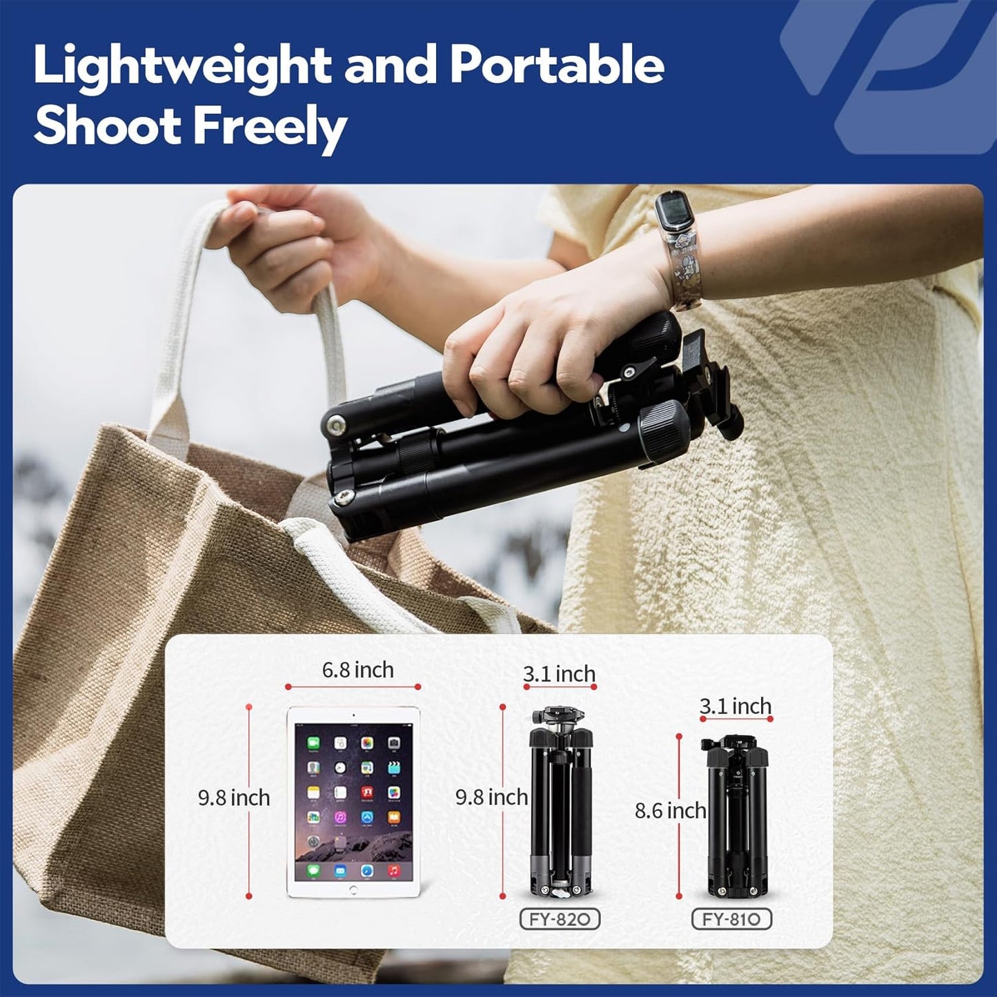 Fotopro Mini Tripod with Ball Head, Phone Mount Detachable Selfie Stick, Folded only 8.6", Max Load up to 6.6 lbs. FY-810 Black