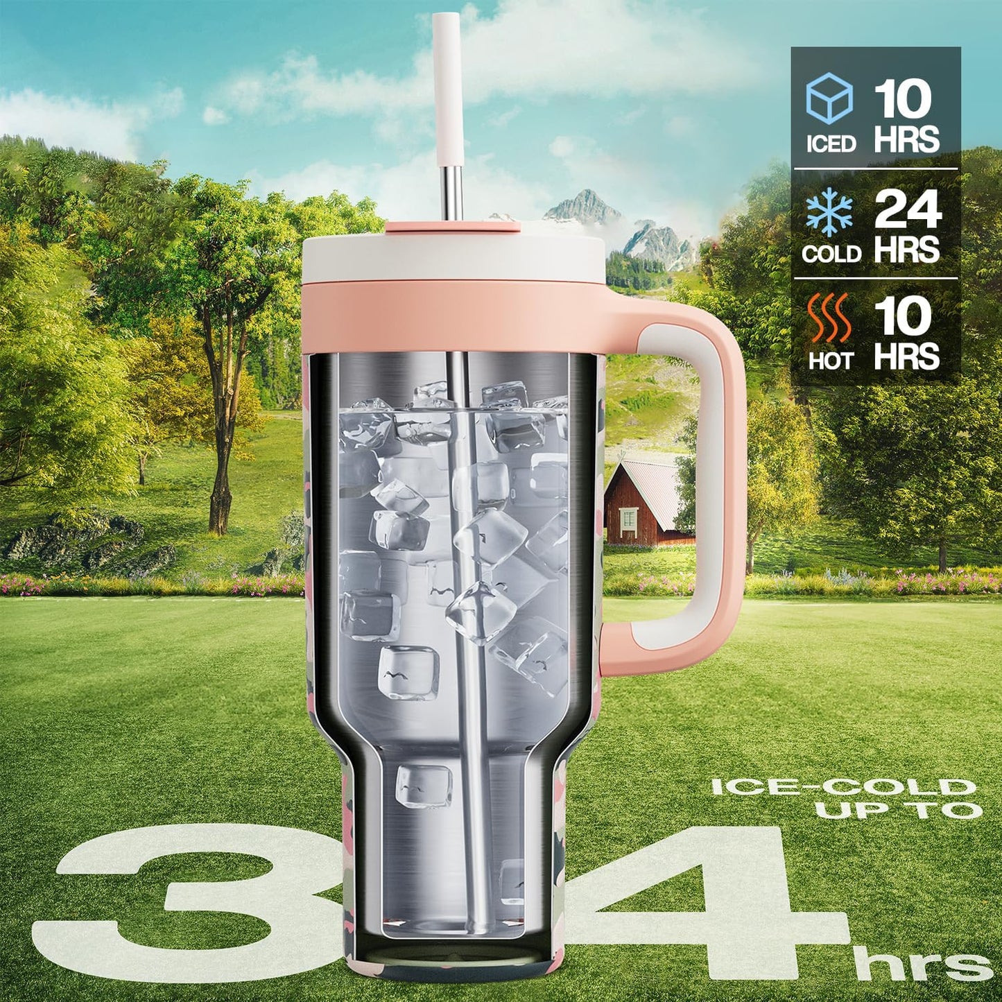 40 oz Camo Tumbler with Handle, 2-in-1 Straw and Sip Lid, Leakproof, Dishwasher Safe, Insulated Stainless Steel Travel Coffee Mug, Keeps Cold for 34 Hours, Fits in Car Cup Holder (Rose Dappled)
