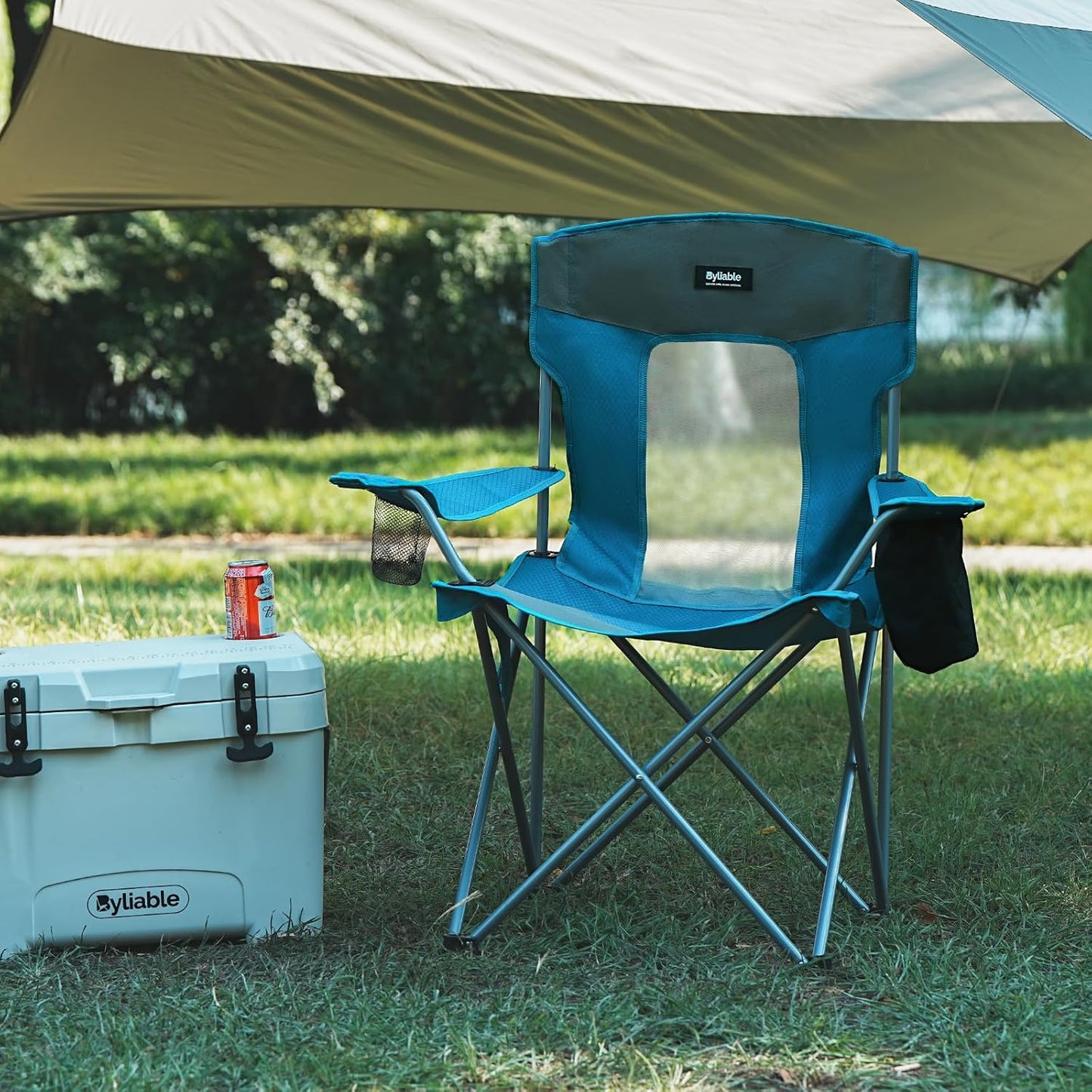 Camping Folding Chair Outdoor Lawn Portable Lightweight Camp Folding Chairs for Adult Outside with Cup Holder, Cooler Pouch & Side Pocket for Camping, Beach, Fishing, Sports or Tailgating Events