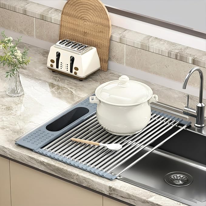 Roll Up Dish Drying Rack Over Sink, 17.5" x 15.2" Foldable SUS304 Stainless - Image 7
