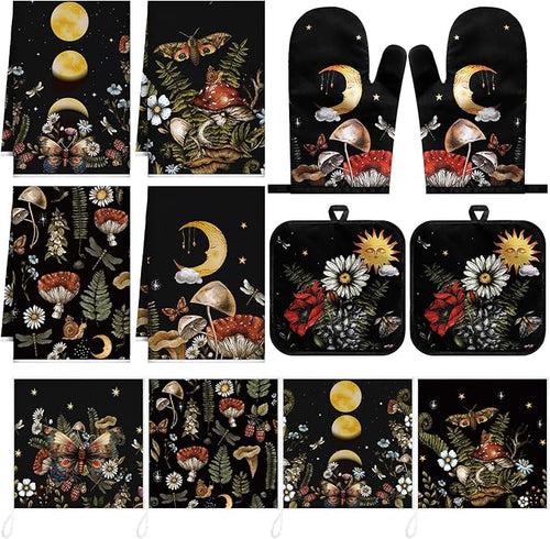 12 Pcs Black Witchy Kitchen Decor Set 4 Mushroom Kitchentowels 4 Absorbent by Bencailor