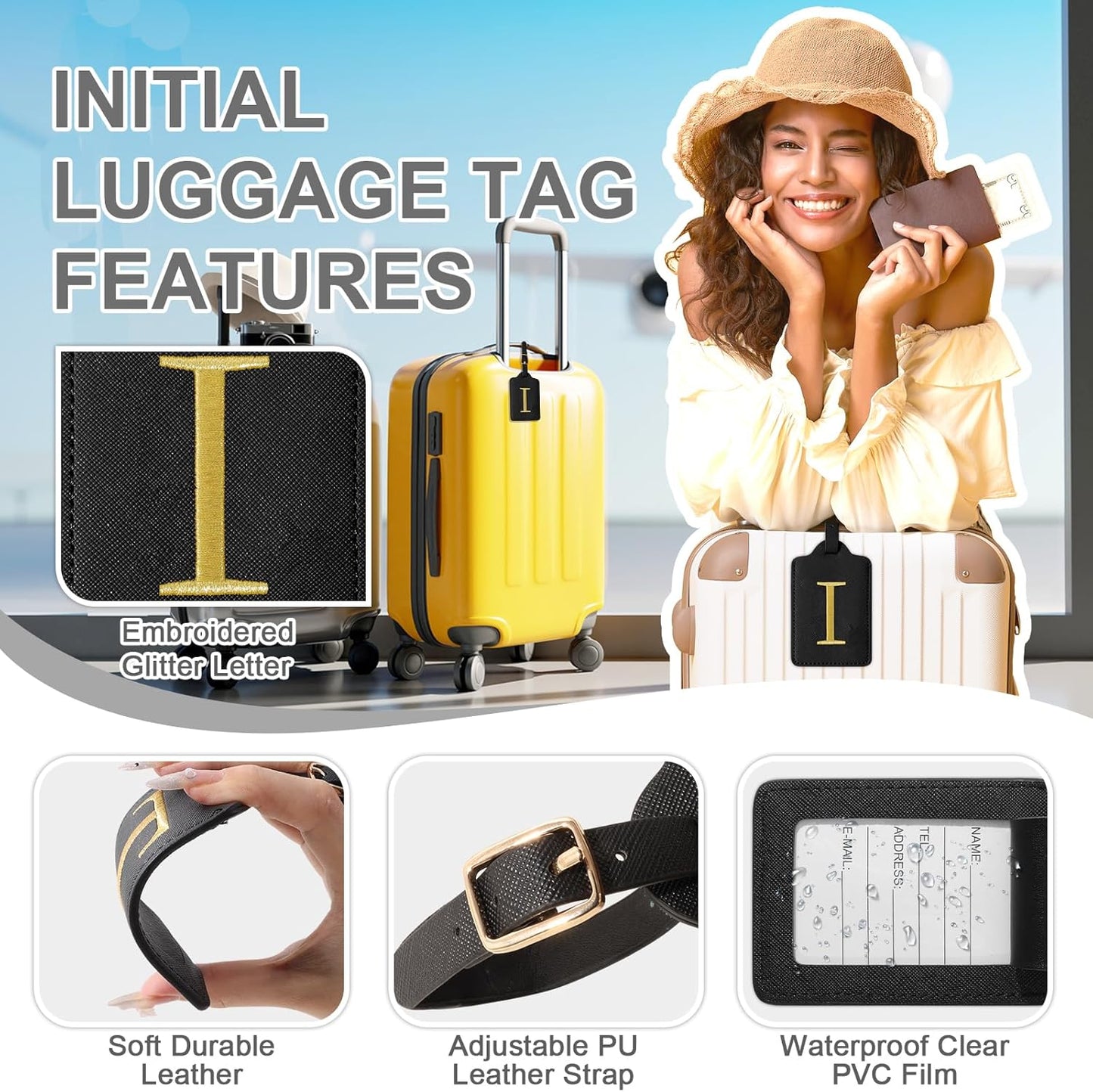 Personalized Initial Luggage Tags for Suitcase TSA Approved, Black Leather Cute Luggage Tag with Privacy Cover Name Card, Embroidered Custom Luggage Tags Travel Backpack Tags Gifts for Women Kids(I)