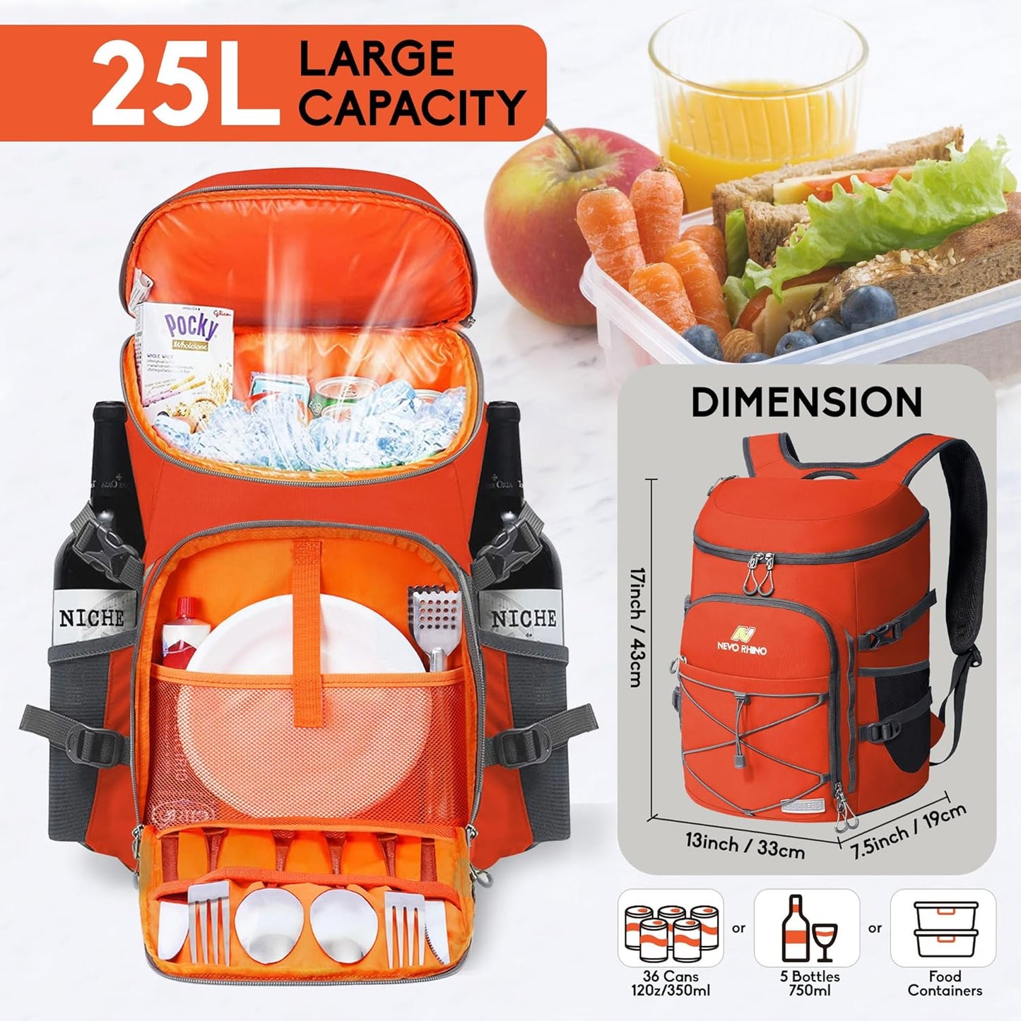 N NEVO RHINO Backpack Coolers Insulated Leak Proof 36/54 Cans,Portable Lightweight Waterproof Insulated Cooler Backpack for Men & Women Ideal for Camping,Travel,Beach,Picnics,Lunch & Day Trips