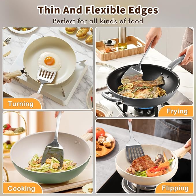 2 Pcs Stainless Steel Spatulas Set, Metal Spatula Solid & Slotted Turner - Image 7