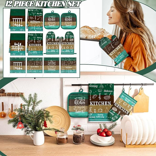 12 Pcs Farmhouse Kitchen Decor Sets 4 Teal Green Kitchen Towels 4 Teal - Image 2