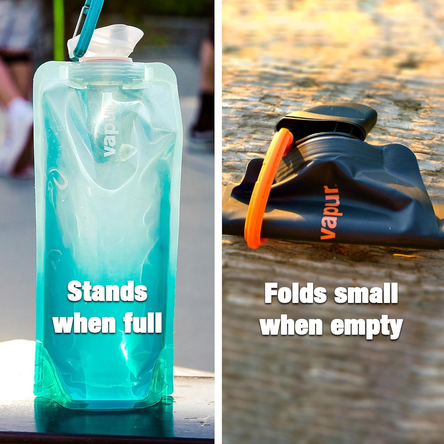 Vapur Collapsible Water Bottle With Carabiner, Compact Bottle Folds Flat For Hydration On The Go, Ideal for Traveling, Hiking or Camping, 23 Ounce, Black, Pack of 1