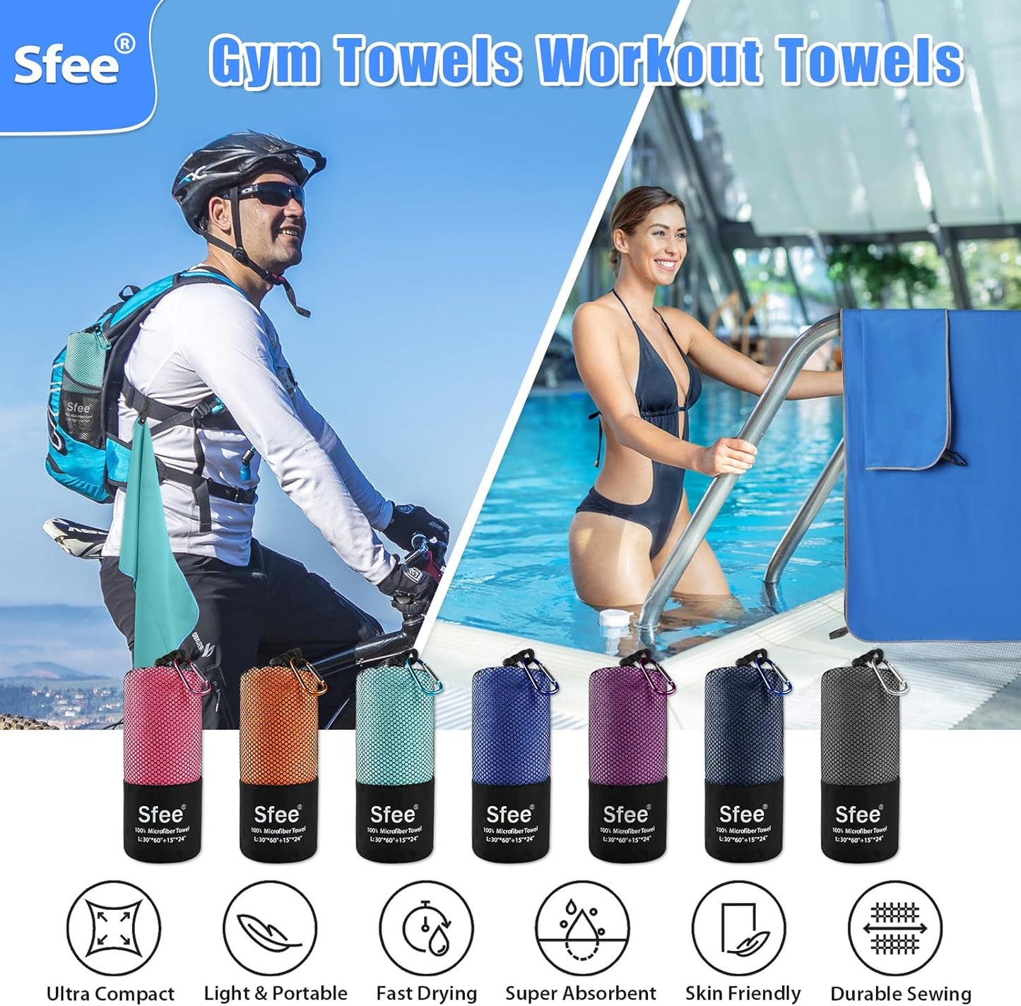 Sfee 2 Pack Microfiber Travel Towel, Quick Dry Towel Camping Towel Super Absorbent Compact Lightweight Sports Swim Gym Beach Towels Set for Gym, Hiking, Pool, Backpacking, Bath, Yoga