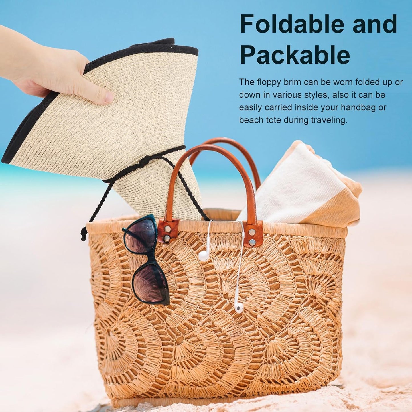 DRESHOW Beach Hats for Women Big Straw Wide Brim Summer Hat Floppy Foldable Roll up Cap Sun Hat UPF 50+