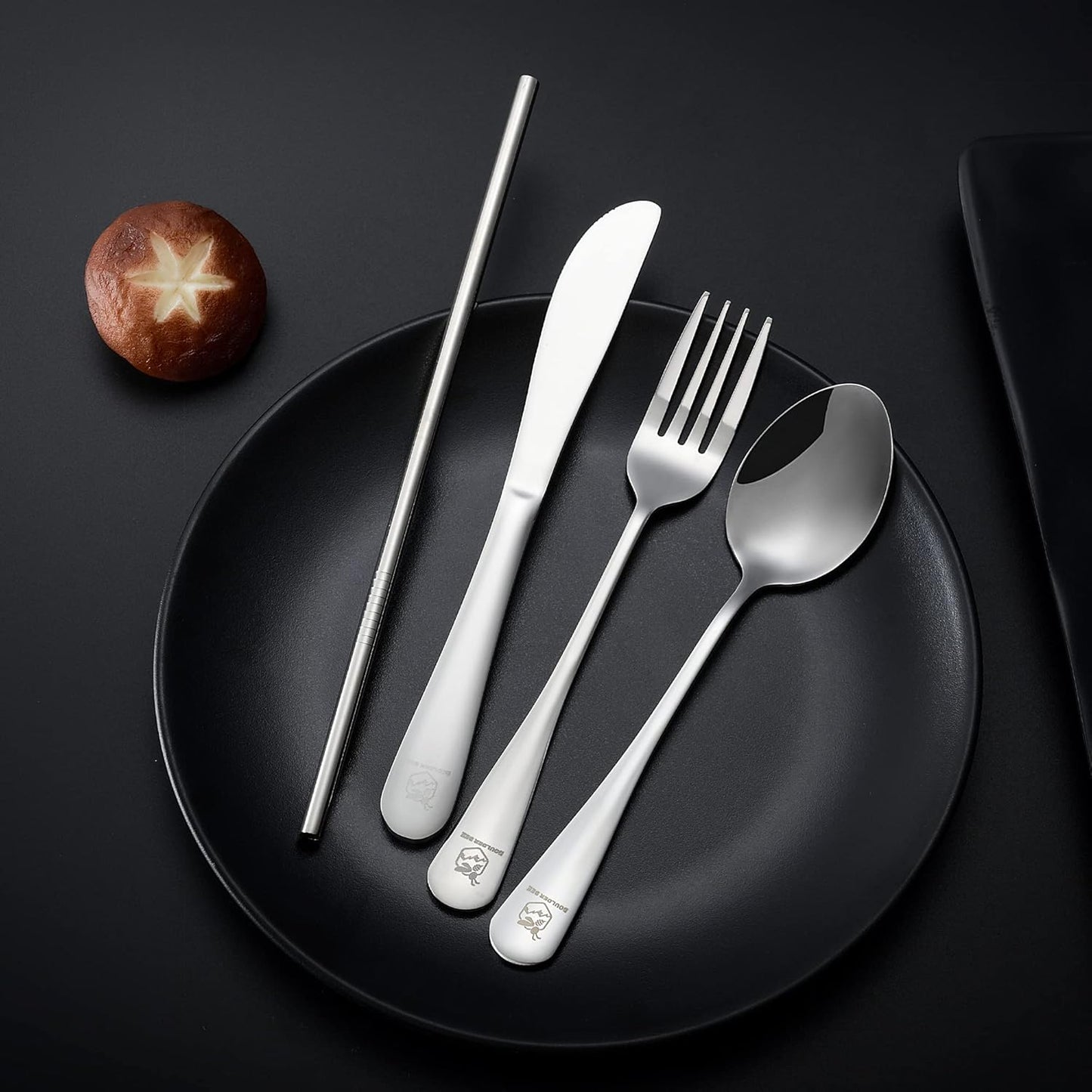 Boulder Bee | Travel Utensils Set | Reusable Camping Cutlery Set | Stainless Steel Flatware Set | Portable Silverware Set with Case | Includes Knife/Fork/Spoon/Straw/Cleaning Cloth/Case (Silver)