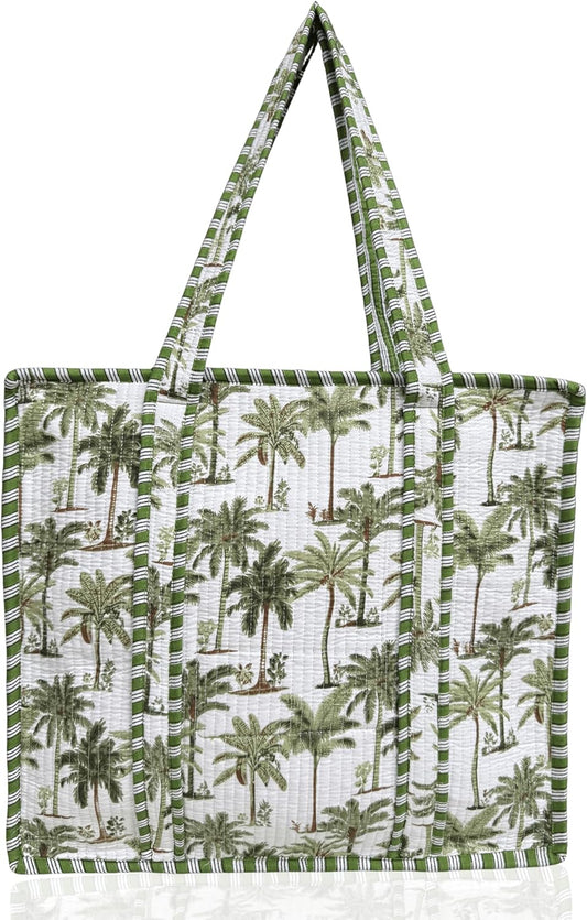 Cotton Quilted Tote Bag for Women – Large Beach & Travel Tote with Zipper, Reusable Grocery Bag