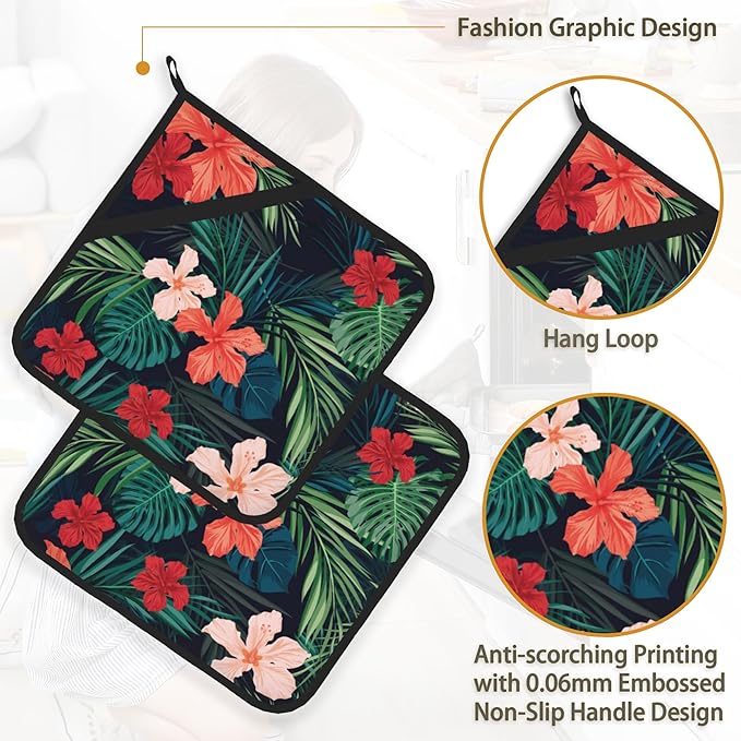 Tropic Hawaiian Hibiscus Flower Pot Holder Set of 2, Heat Resistant Potholders - Image 4