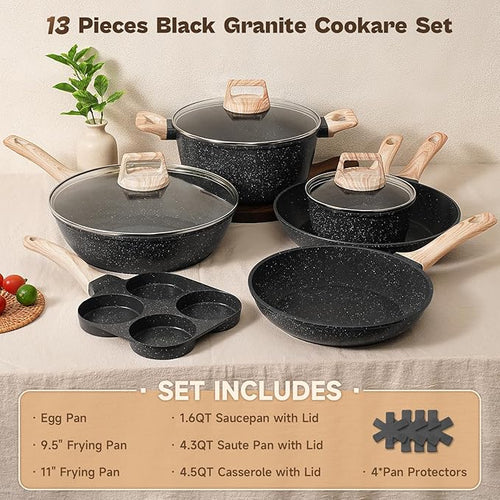 13 Pcs Pots and Pans Set, Nonstick Cookware Sets Black Granite Induction - Image 2