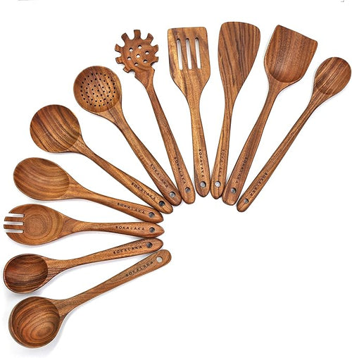 11 Pcs Wooden Kitchen Utensils Set by BOKALAKA