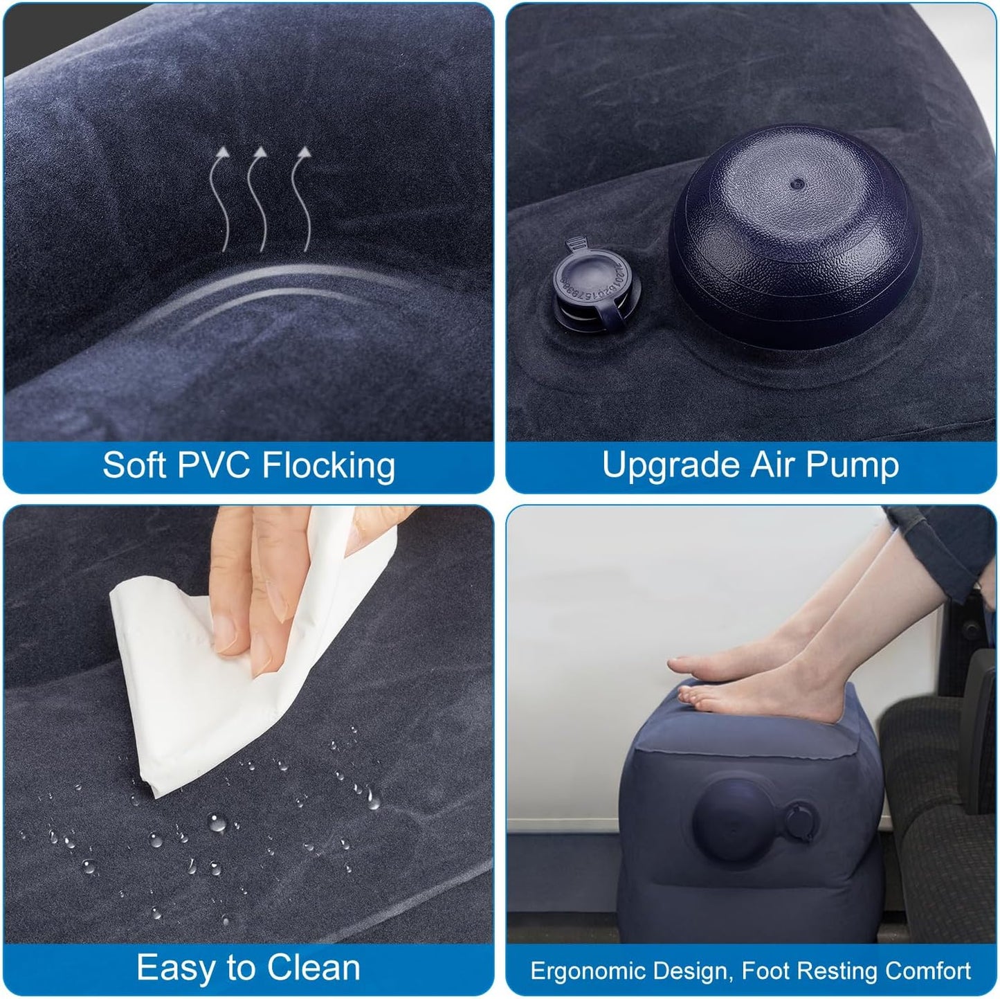 Inflatable Foot Rest Pillow for Travel,2 Pack Travel Foot Rest for Airplane Flights, Car Seat Foot Rest Pillow with Pump & Storage Bag Suitable for Office,Airplane,Train,Cars,Home (2Pack Navy)