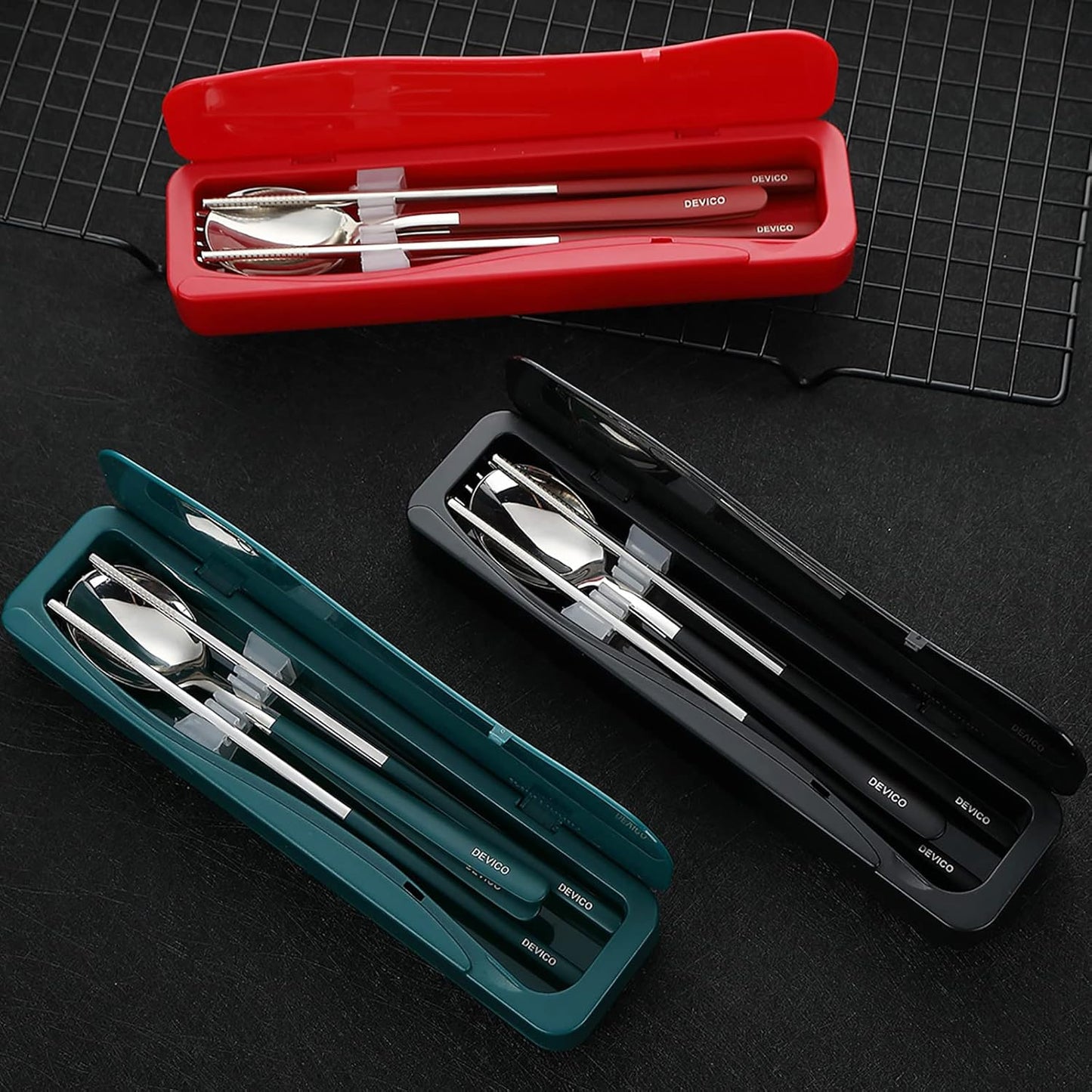 DEVICO Travel Utensils, 18/8 Stainless Steel 4pcs Cutlery Set Portable Camp Reusable Flatware Silverware, Include Fork Spoon Chopsticks with Case (Black)