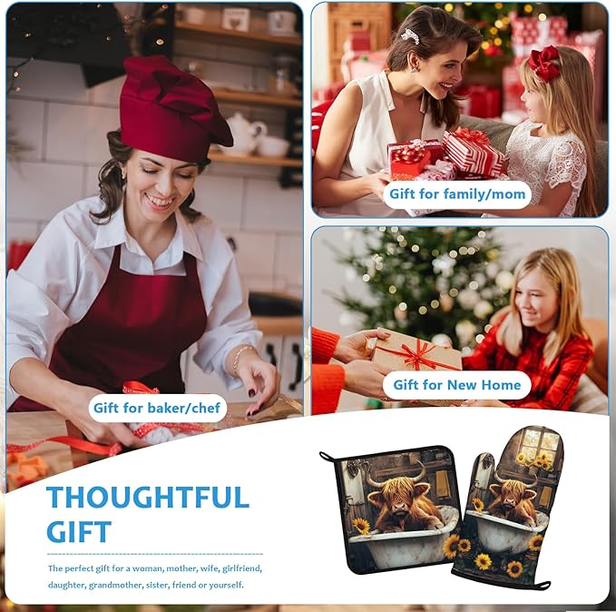 Highland Cow Sunflower Oven Mitts and Pot Holders Sets Heat Resistant 4Pcs - Image 7