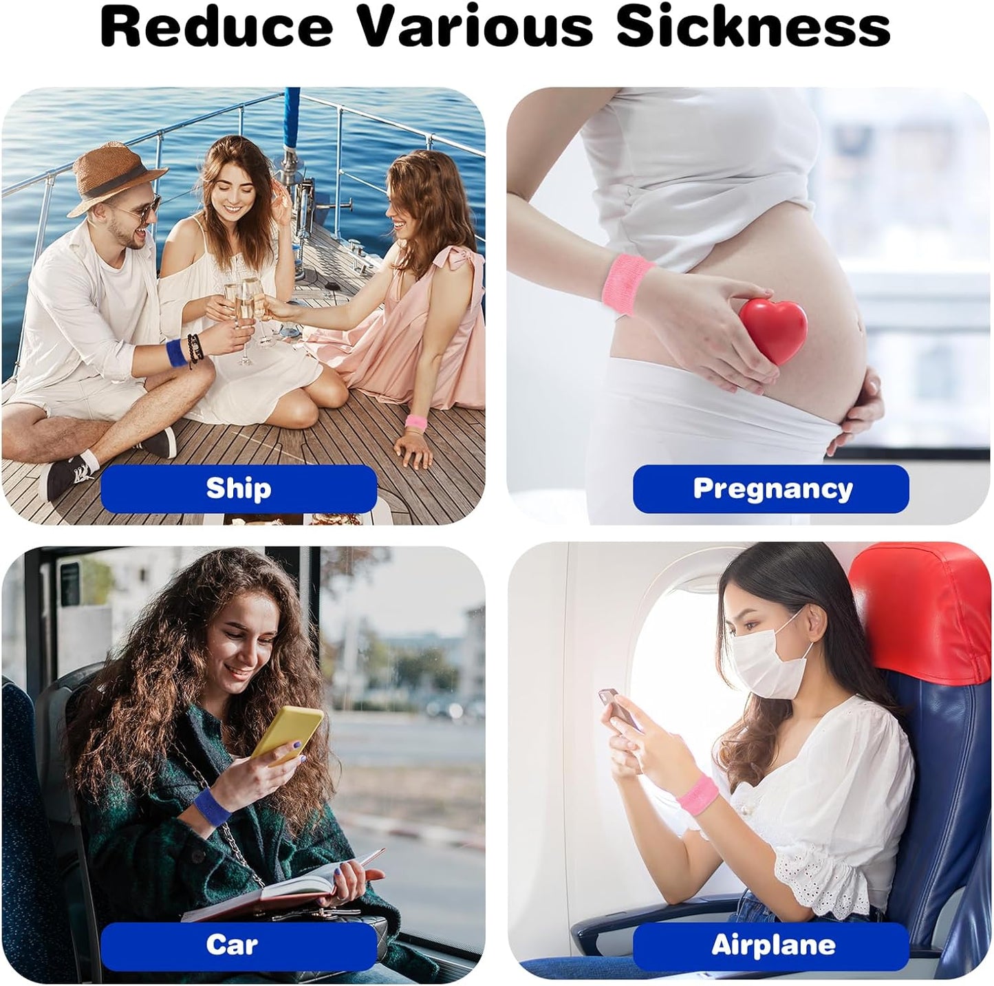 Motion Sickness Relief Bands, 8pcs Motion Travel Sickness Wristbands Natural Acupressure Nausea Relief Wristband for Pregnancy Morning Car Sea Flying Trip Dizziness Anxiety